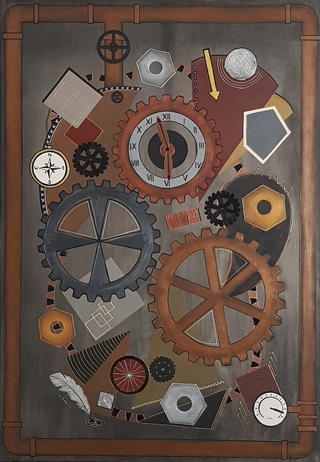 Katinsky Industrial II (Acrylfarbe, Pastell- und Ölpastellkreide, Lackstift und Blattmetall auf 3D-Leinwand, 70x100x5cm)